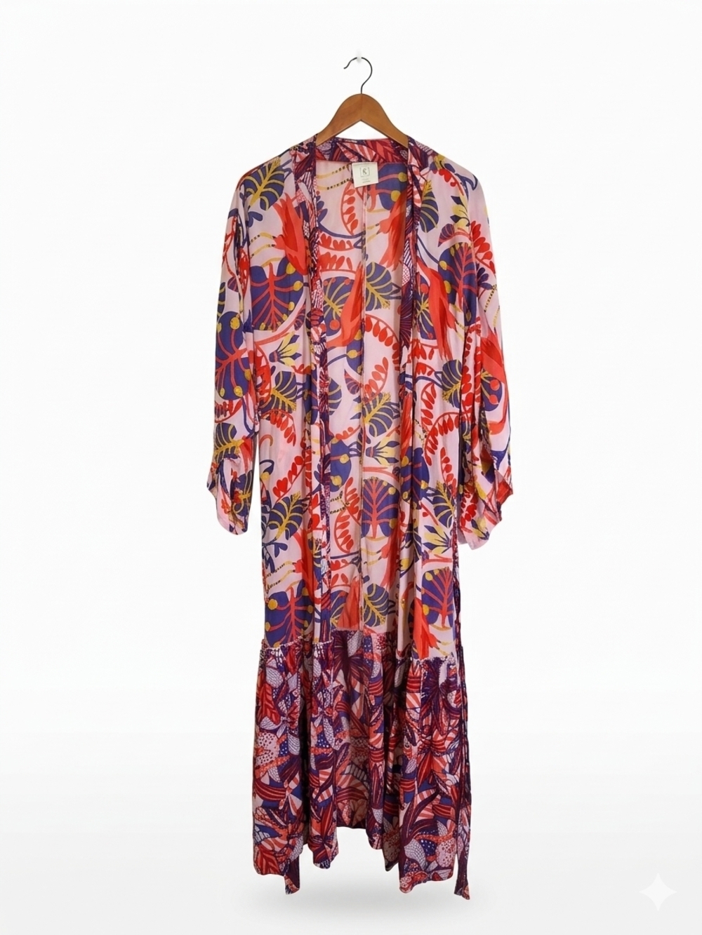 Anthropologie Duster Kimono Robe Bird Tropical Leaf Tiered Boho Maxi Dress Sz XS